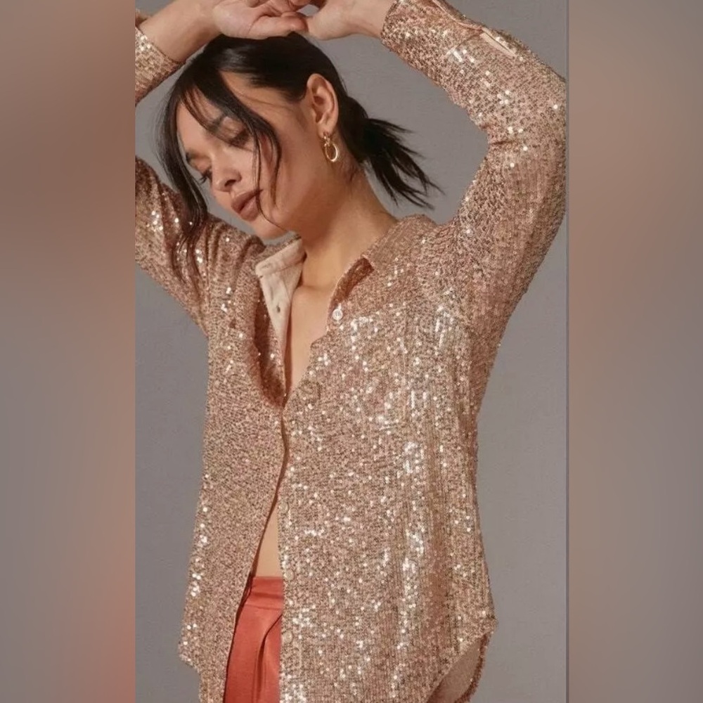 Anthropologie Sunday in Brooklyn Sequin Buttondown Blouse XSP Sequin Glam Party